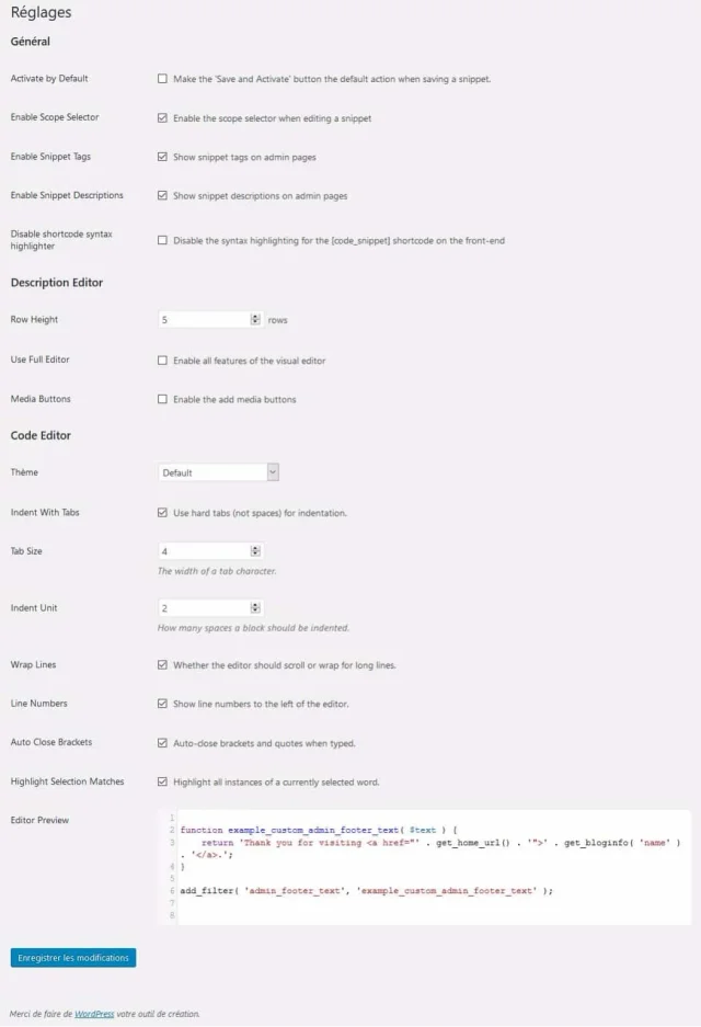 Réglages - Code Snippets