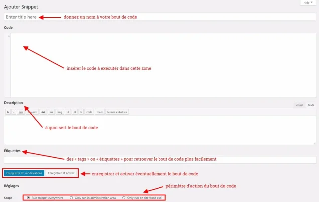 interface de création d'un bout de code