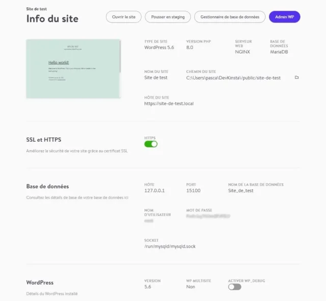 DevKinsta - détails pour un site