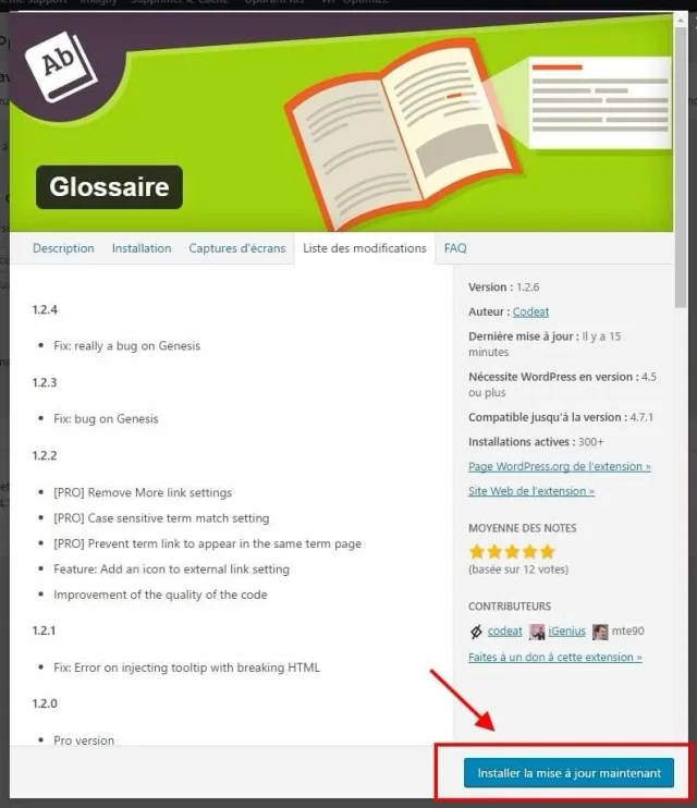 Mise à jour d'une extension - Popup