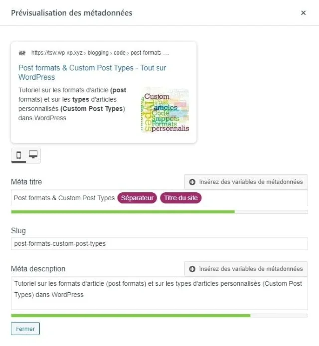 Prévisualisation des méta-données - Yoast SEO