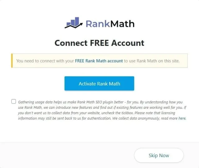 Ăcran d'activation de Rank Math - Ătape 1