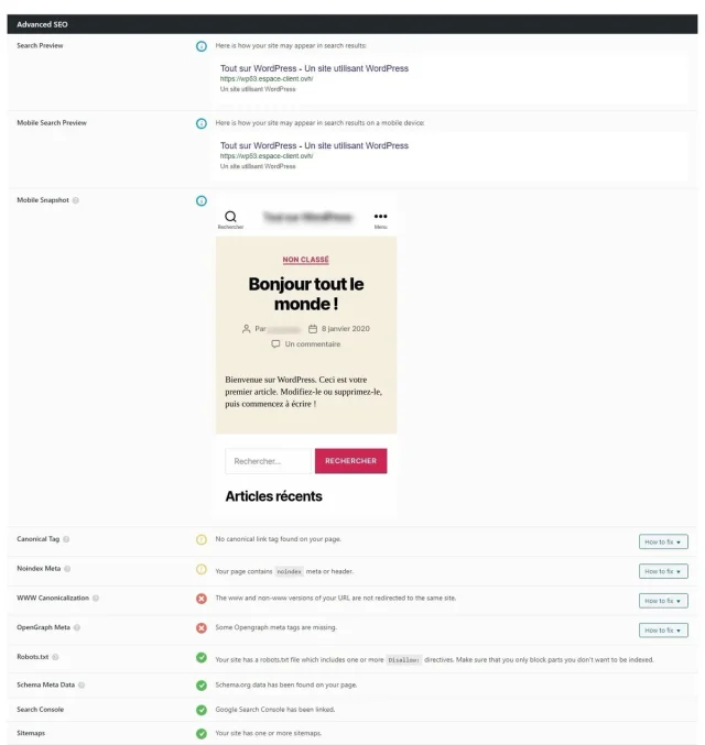 Analyse SEO Rank Math - Réglages avancés