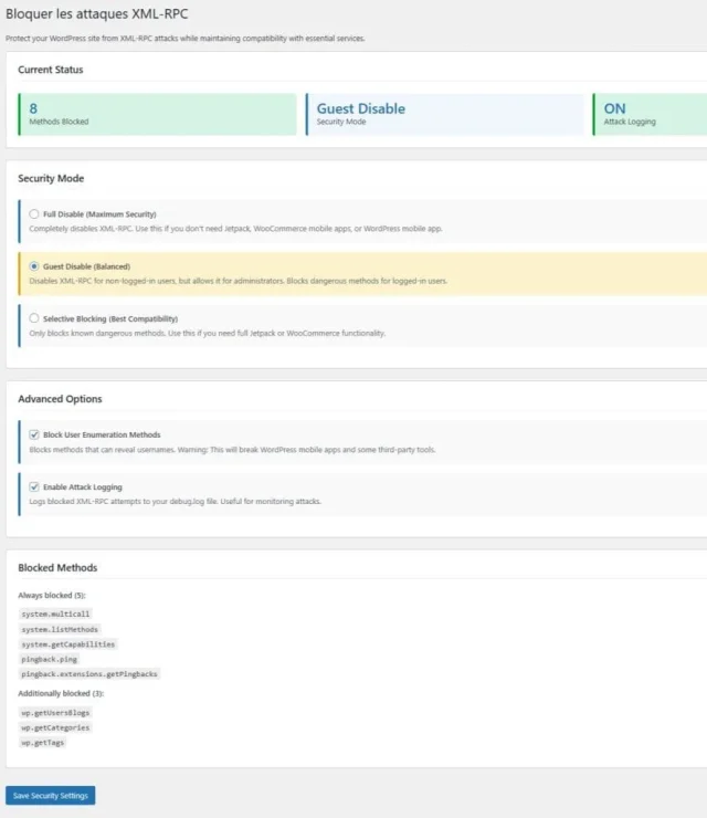 Page d'administration - Stop XML RPC Attacks